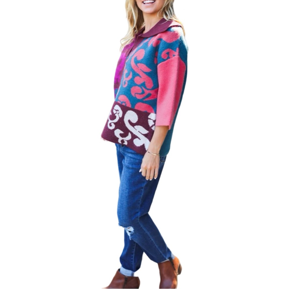 NEW ENTRO FEELING YOUR BEST WINE ABSTRACT PRINT COLOR BLOCK V NECK SWEATER - Picture 6 of 7